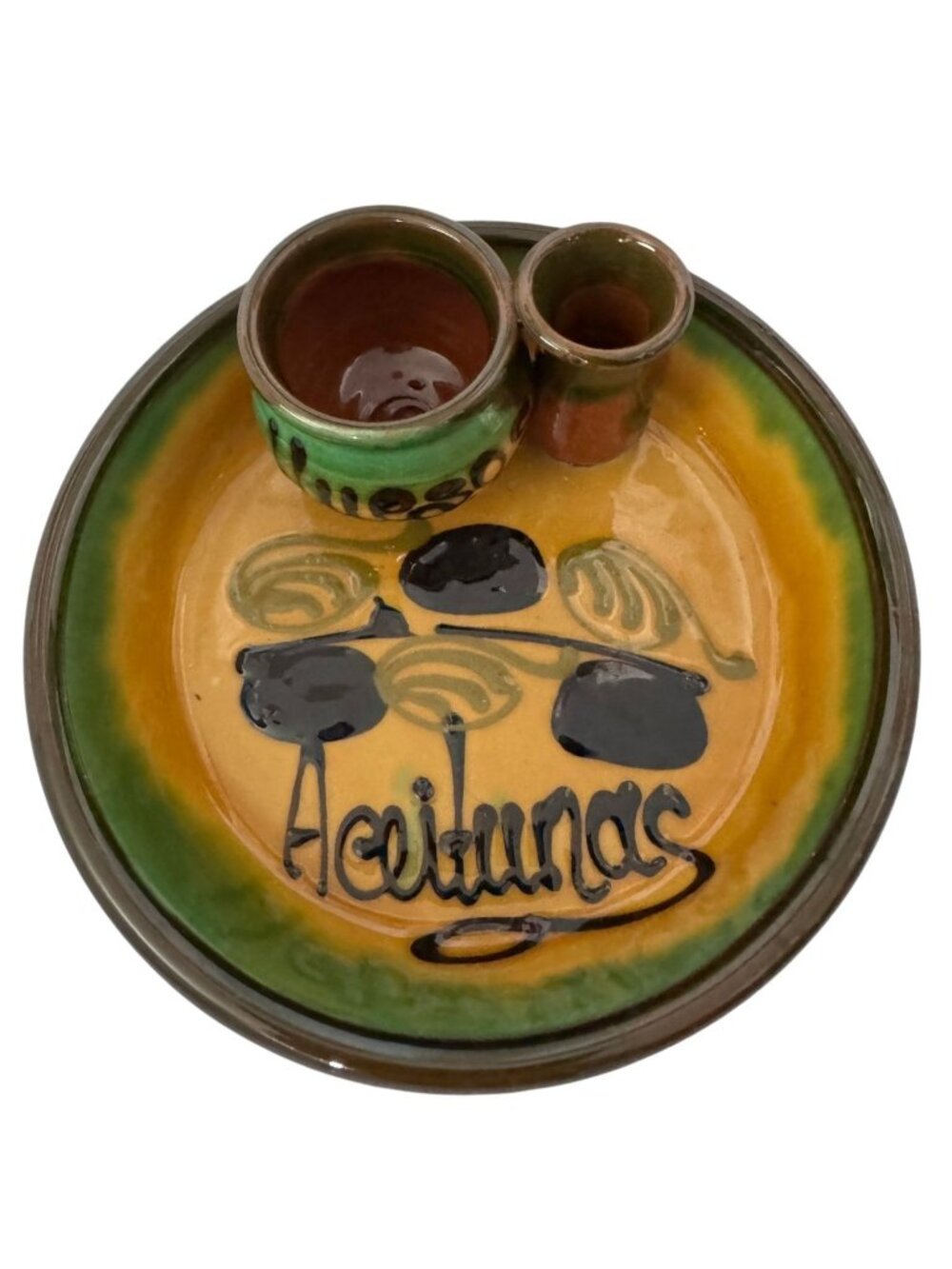Hand-Painted Ceramic Olive Serving Dish Compartments For Pits & Toothpicks